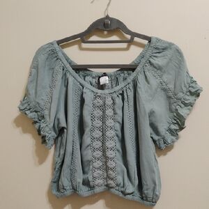 VENUS Light Blue/Sage Blouse with Crochet Detail Size M